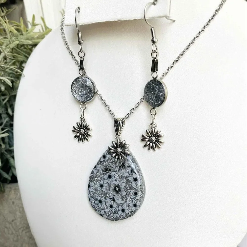 Handmade Resin Silver Glitter Floral Teardrop Necklace & Earring Set